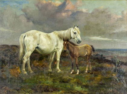 Wright Barker (UK,1864-1941) oil painting antique: ARTIST: John Wright Barker (English, 1864 - 1941) NAME: Horse and Foal YEAR: 1894 MEDIUM: oil on canvas CONDITION: Relined. No visible inpaint under UV light. SIGHT SIZE: 20 x 27 inches / 50 x 68 cm F