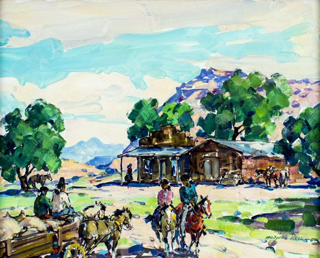 Marjorie Jane Reed (AZ,CA,IL,1915-1997) oil painting: ARTIST: Marjorie Jane Reed (Arizona, California, Illinois, 1915 - 1997) NAME: A Summer's Day at Teeo Nos Pos Trading Post YEAR: circa 1973 MEDIUM: oil on canvas board CONDITION: Very good. No visible 