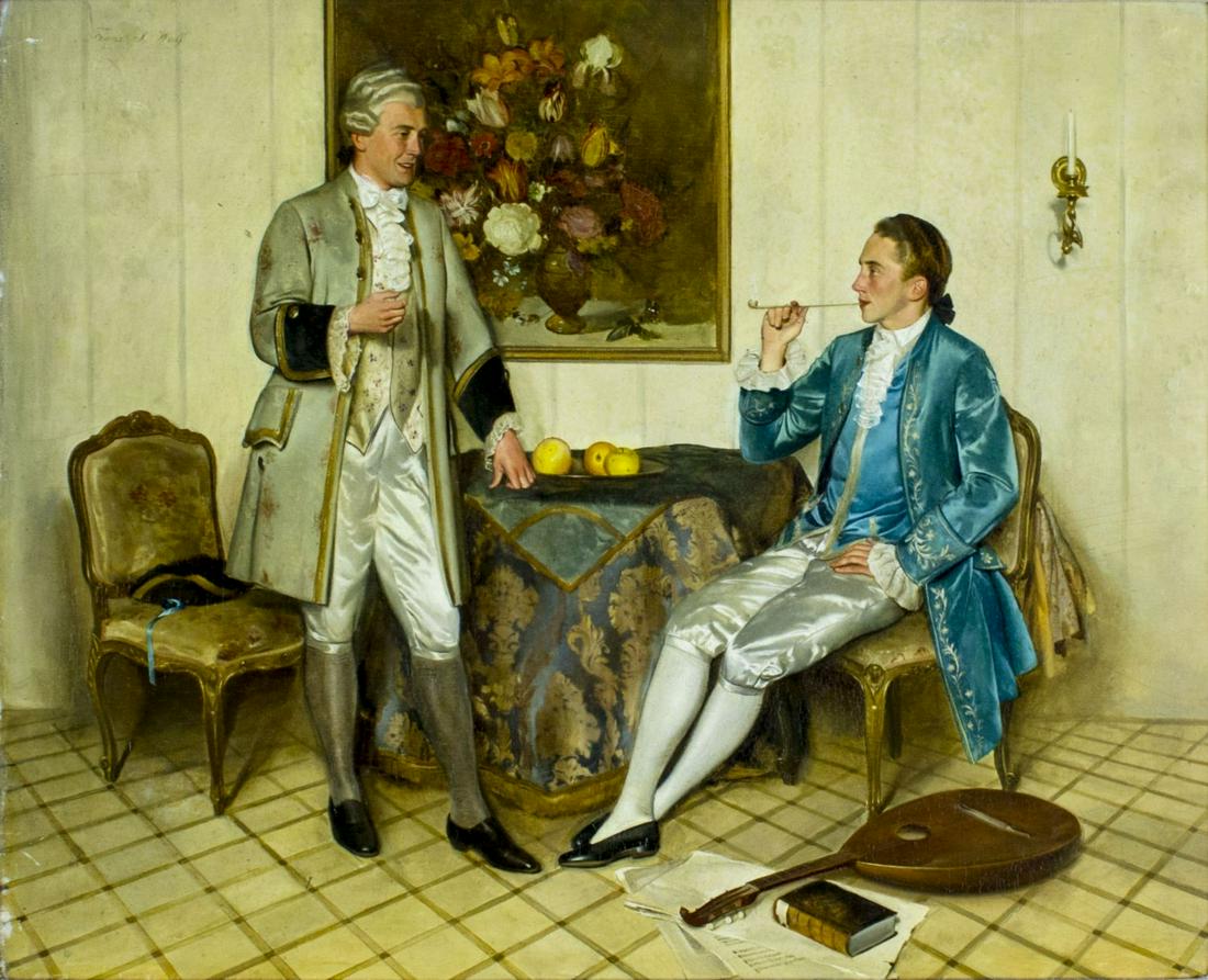 Franz Xaver Wolf (Austria,1896-1989) oil painting: ARTIST: Franz Xaver Wolf (Austrian, 1896 - 1989) NAME: Interior Scene MEDIUM: oil on board CONDITION: Few small paint losses along left edge. Minor craquelure. No visible inpaint under UV light. Very