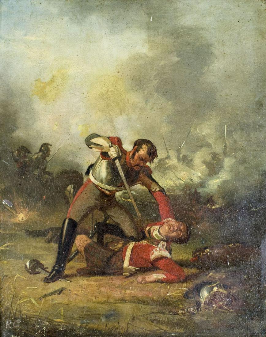 Henry Hainsselin (UK,1815-1886) oil painting antique: ARTIST: Henry Hainsselin (British, 1815 - 1886) NAME: Battle Scene YEAR: 1849 MEDIUM: oil on copper CONDITION: Few minor scratches. Minor craquelure. No visible inpaint under UV light. Some damages to