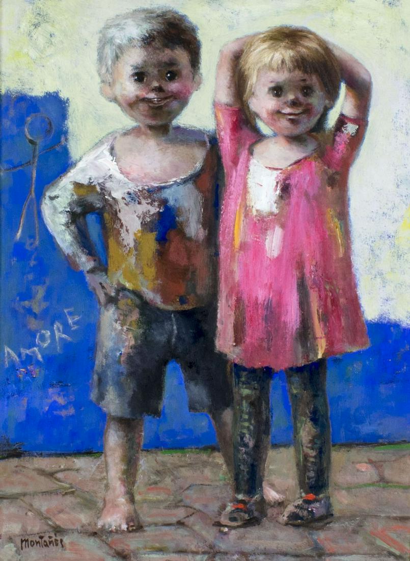 Jose Montanes (Spain,France,1918-1998) oil painting: ARTIST: Jose Montanes (Spanish, French, 1918 - 1998) NAME: Boy and Girl MEDIUM: oil on board CONDITION: Very good. No visible inpaint under UV light. SIGHT SIZE: 16 x 12 inches / 40 x 30 cm FRAME SIZE