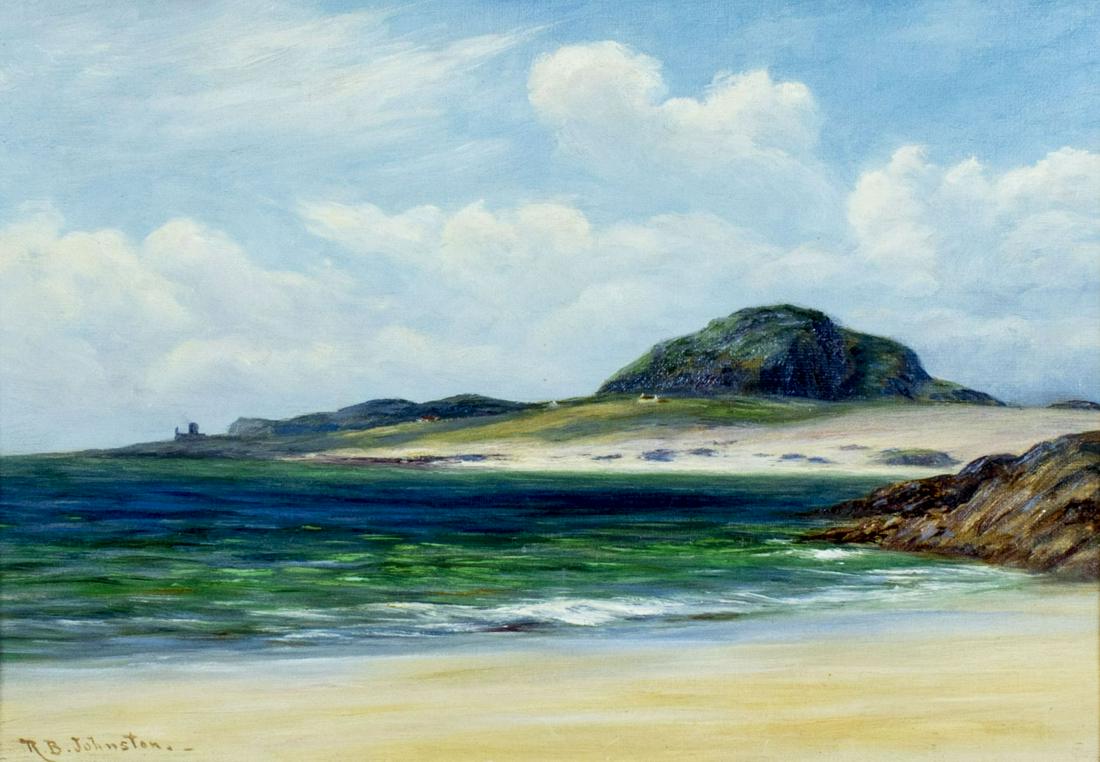 Robert Brown Johnston (UK,1840-1914) oil painting: ARTIST: Robert Brown Johnston (British, Scottish, 1840 - 1914) NAME: Landscape - Island of Iona, Scotland MEDIUM: oil on canvas CONDITION: Very good. No visible inpaint under UV light. SIGHT SIZE: 9 x