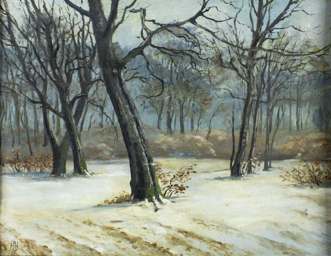 Antique early 20C American oil painting: ARTIST: - (American, early 20 century) NAME: Winter Landscape YEAR: early 20 century MEDIUM: oil on canvas CONDITION: Canvas is unstretched - just attached to frame by staples. Some minor paint losses