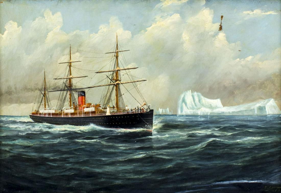Parker Greenwood (UK,1850-1904) oil painting antique: ARTIST: George Parker Greenwood (British, 1850 - 1904) NAME: Ship at Sea with Icebergs YEAR: 1882 MEDIUM: oil on canvas CONDITION: One tear 1 1/2" long. Very minor craquelure. One inpainted area 1" x 