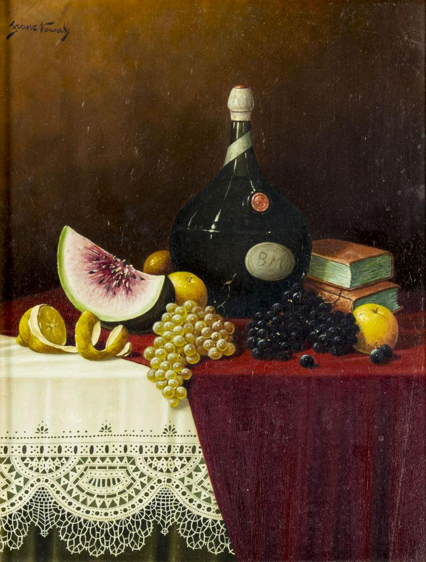 Franz Nowak (Austria,1885-1973) oil painting: ARTIST: Franz Nowak (Austrian, 1885 - 1973) NAME: Still Life with Bottle and Fruits MEDIUM: oil on board CONDITION: Very good. No visible inpaint under UV light. SIGHT SIZE: 9 x 7 inches / 22 x 17 cm 