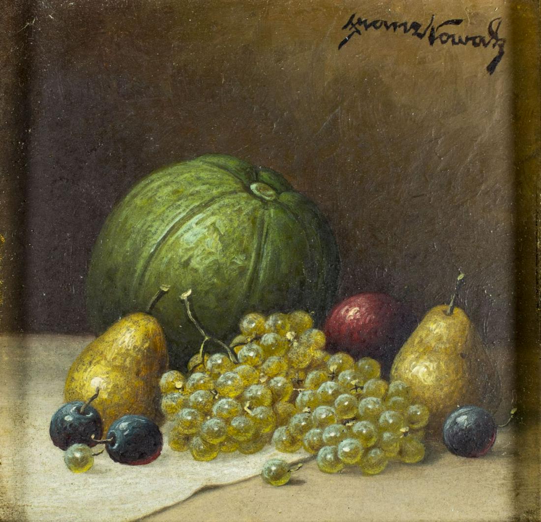 Franz Nowak (Austria,1885-1973) oil painting: ARTIST: Franz Nowak (Austrian, 1885 - 1973) NAME: Still Life with Fruits MEDIUM: oil on board CONDITION: Minor paint losses mostly along edges. No visible inpaint under UV light. SIGHT SIZE: 3 x 3 inc