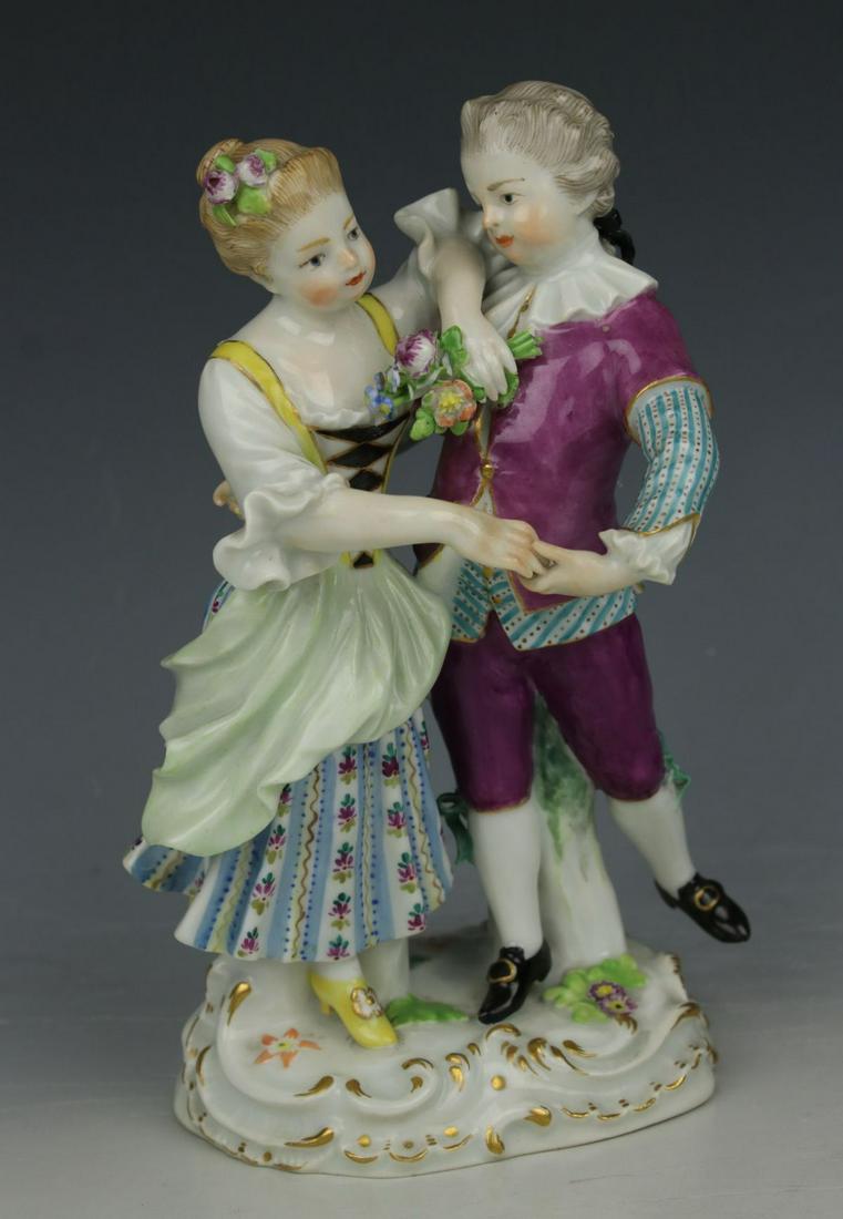 Meissen Figurine Q113 "Boy and Girl Dancing": MANUFACTURE: Meissen (GERMANY) SCULPTOR: August Ringler ca. 1895 NAME: Boy and Girl Dancing NUMBER: Q113 CONDITION: Excellent. Minor damages of flowers. HEIGHT: 6 inch / 15 cm WIDTH: 4 inch / 10 cm DE
