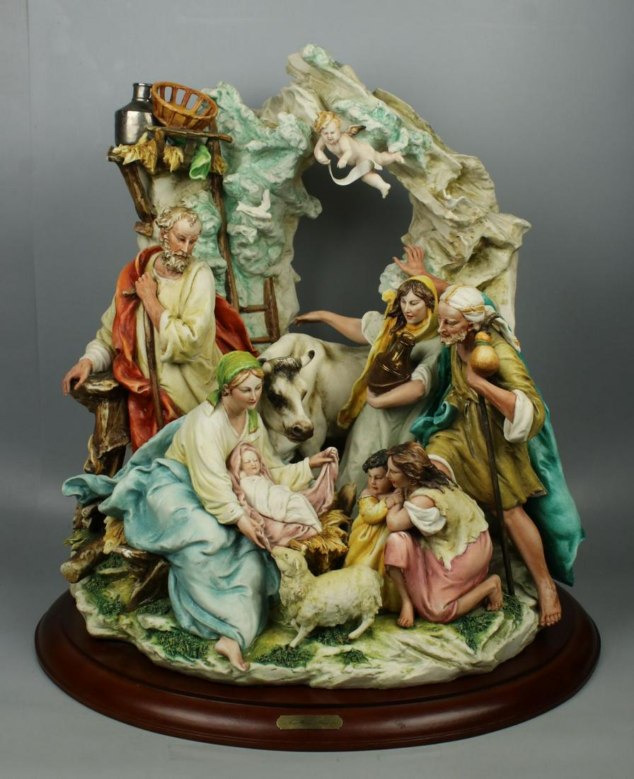 20x18" Capodimonte Luciano Cazzola Figurine "Nativity": MANUFACTURE: Porcellane Principe (Italy) SCULPTOR: Luciano Cazzola NAME: Nativity YEAR: 1980-s CONDITION: Three fingers were restored. Minor damages of flowers. NO BOX. HEIGHT: 20 inch / 50 cm WIDTH: 