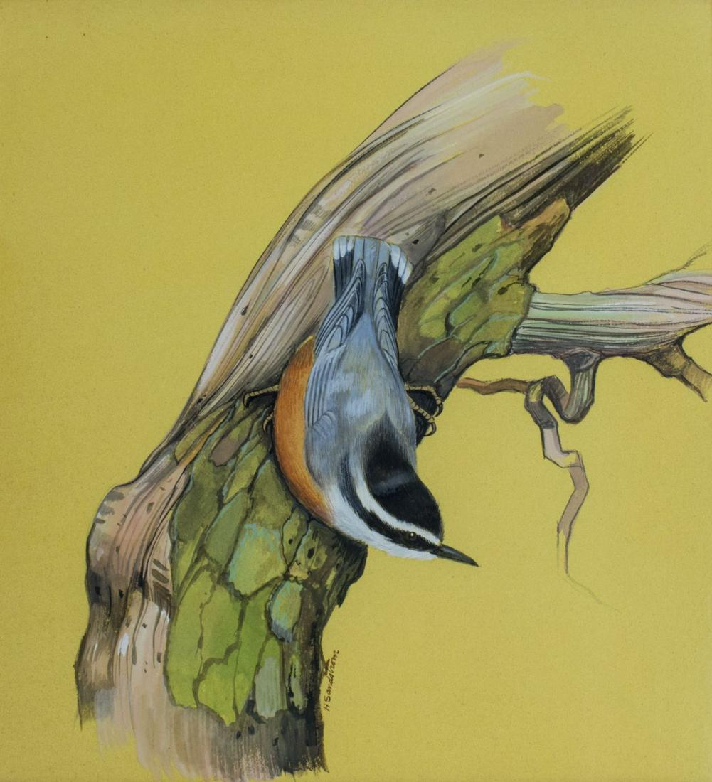Harvey Sandstrom (MN,1925-2013) gouache painting: ARTIST: Harvey Dean Sandstrom (Minnesota, 1925 - 2013) NAME: Bird MEDIUM: gouache on paper CONDITION: Very good. Framed under glass. SIGHT SIZE: 9 x 9 inches / 22 x 22 cm FRAME SIZE: 11 x 10 inches / 