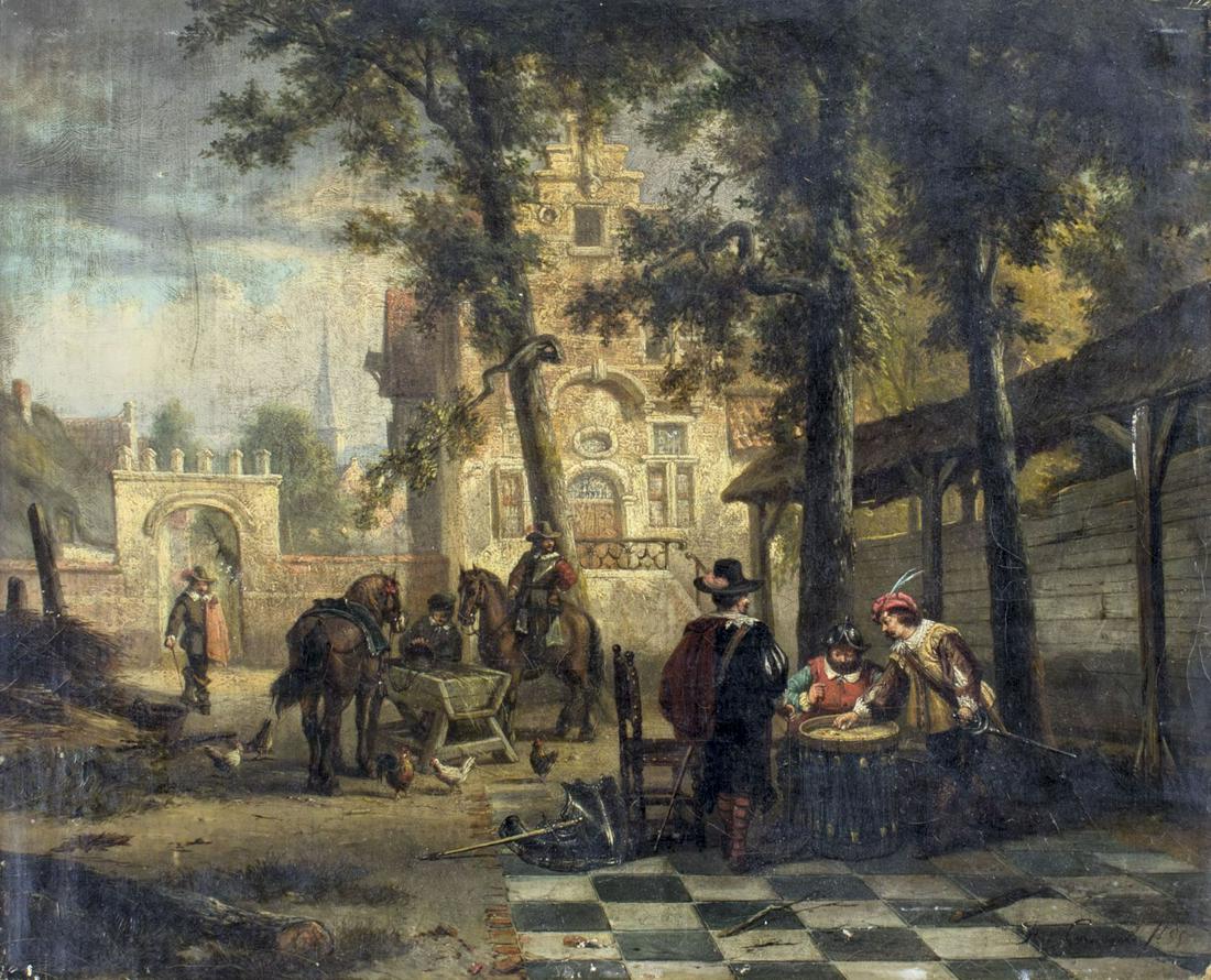 Florent Crabeels (Belgium,1829-1896) oil painting: ARTIST: Florent Nicolas Crabbels (Belgian, Flemish, 1829 - 1896) NAME: Dice Players YEAR: 1855 MEDIUM: oil on canvas CONDITION: Few minor scrathes/paint losses. Some craquelure. Minor scattered inpain