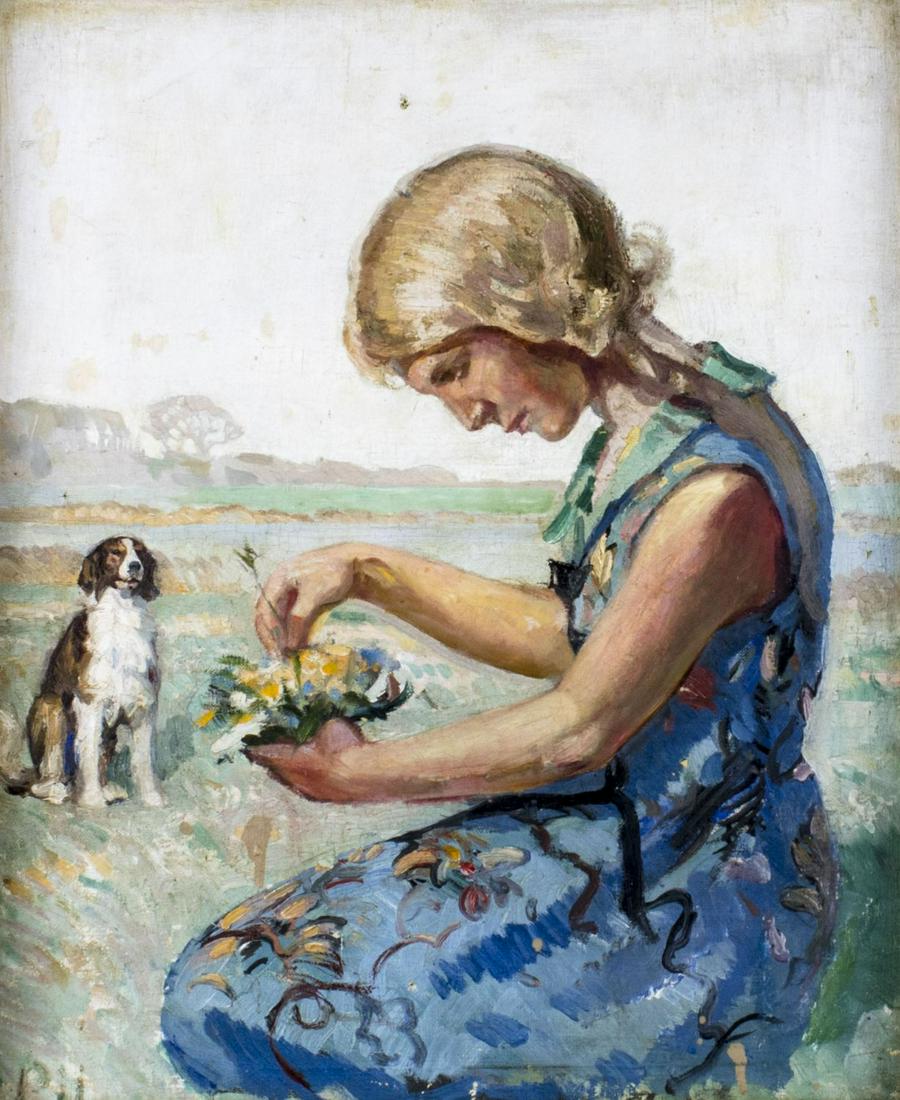 Peter Hansen (Denmark,Italy,1868-1928) oil painting: ARTIST: Peter Marius Hansen (Danish, Italian, 1868 - 1928) NAME: Woman with Flowers MEDIUM: oil on canvas CONDITION: Two puinctures. Minor paint losses. Some craquelure. Few small scattered inpainting