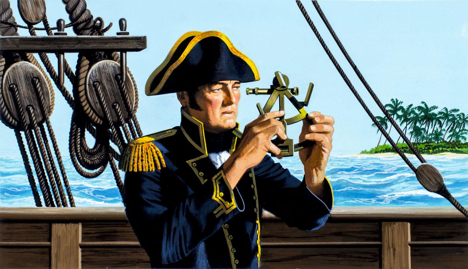 Dean Ellis (NY,1920-2009) gouache painting: ARTIST: Dean Ellis (New York, 1920 - 2009) NAME: British Captain John Marshall YEAR: 1995 MEDIUM: gouache on board CONDITION: Excellent. SIGHT SIZE: 9 x 15 inches / 22 x 38 cm BOARD SIZE: 11 x 17 inch