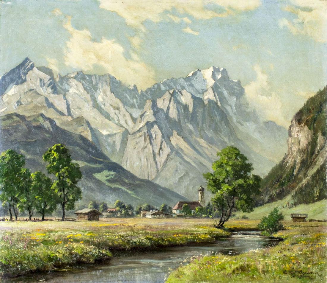 Erwin Kettemann (German,1897-1971) oil painting: ARTIST: Erwin Kettemann (Germany, 1897 - 1971) NAME: Alpine Landscape MEDIUM: oil on canvas CONDITION: Normal wear along edges. Minor craquelure. Few small scattered inpaintings in the sky. SIGHT SIZE
