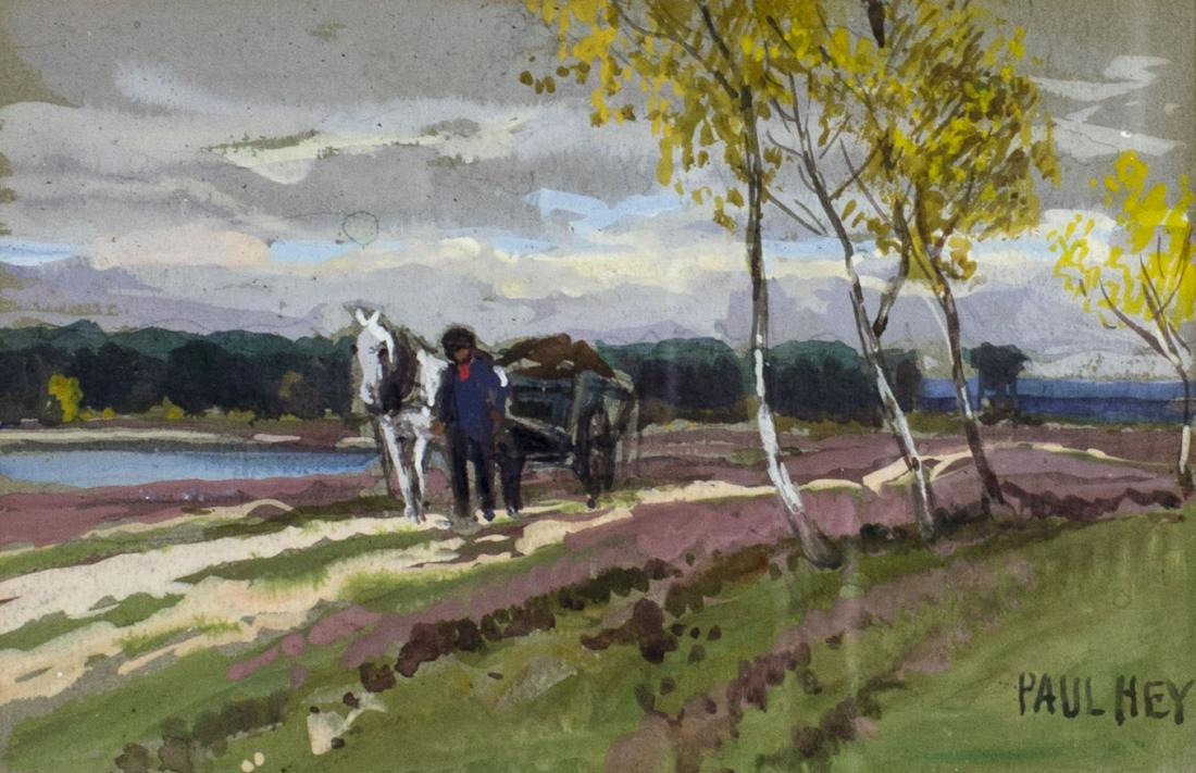 Paul Hey (German,1867-1952) gouache painting: ARTIST: Paul Hey (Germany, 1867 - 1952) NAME: Country Landscape MEDIUM: gouache on paper CONDITION: Very good. Some age toning. Framed under glass. SIGHT SIZE: 4 x 6 inches / 10 x 15 cm FRAME SIZE: 11
