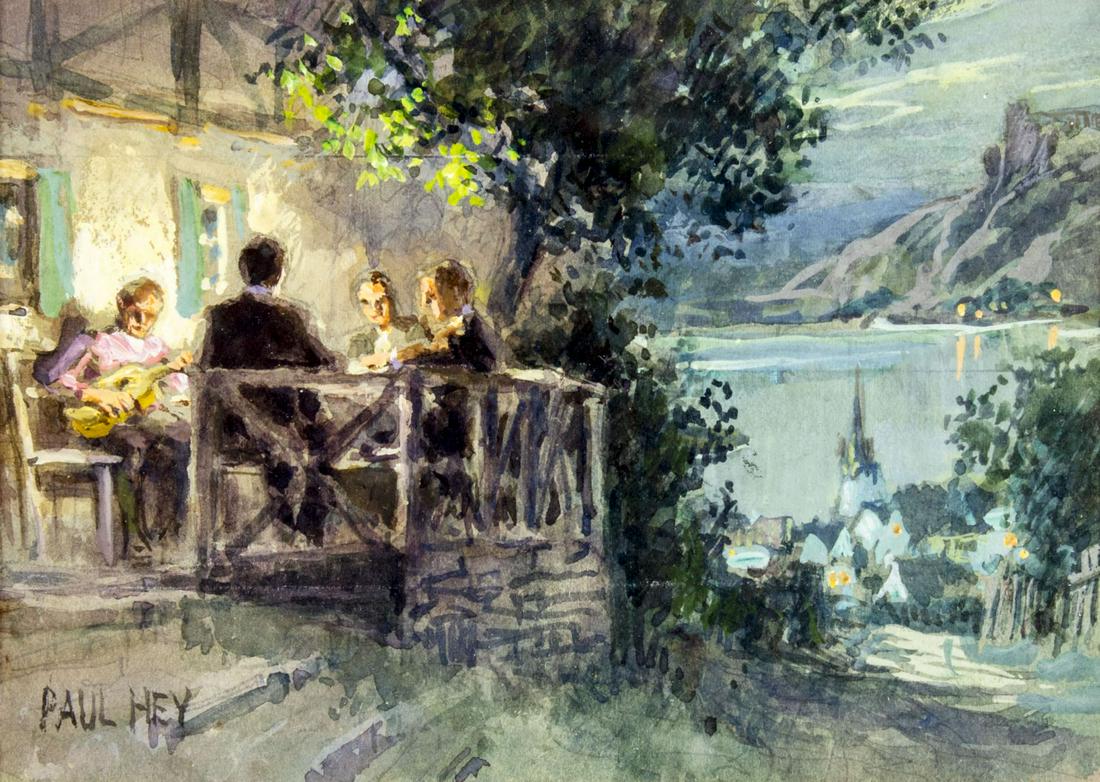 Paul Hey (German,1867-1952) gouache painting: ARTIST: Paul Hey (Germany, 1867 - 1952) NAME: Country Landscape MEDIUM: gouache on paper CONDITION: Very good. Some age toning. Framed under glass. SIGHT SIZE: 4 x 6 inches / 10 x 15 cm FRAME SIZE: 11