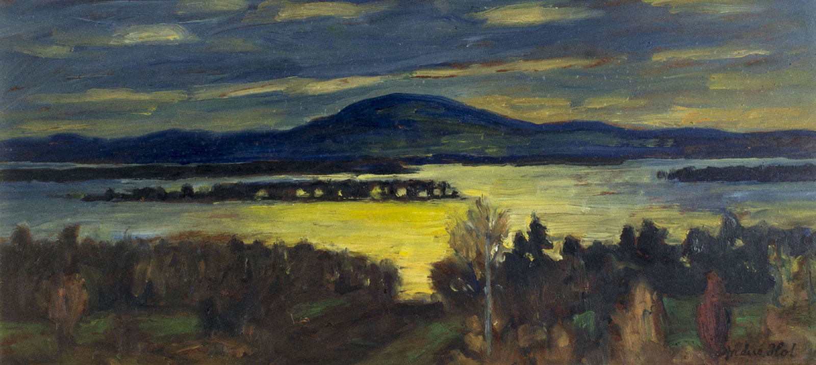 Anders Hol (Sweden,1867-1959) oil painting: ARTIST: Anders Hol (Swedish, 1867 - 1959) NAME: Landscape - Skymningslandskap, Mora MEDIUM: oil on board CONDITION: Very good. No visible inpaint under UV light. SIGHT SIZE: 11 x 23 inches / 27 x 58 c
