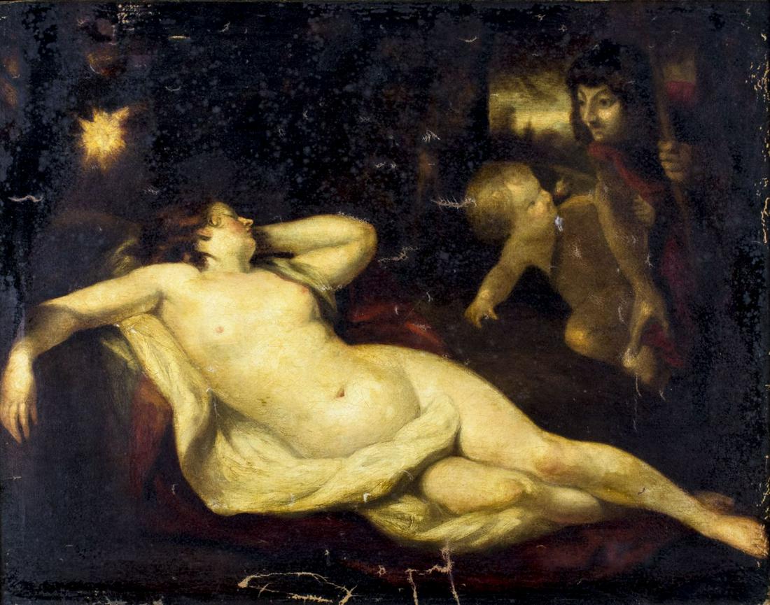 AFTER Joshua Reynolds (UK,1723-1792) oil painting: ARTIST: AFTER Joshua Reynolds (British, 1723 - 1792) NAME: Cymon and Iphigenia YEAR: circa 1842 MEDIUM: oil on canvas CONDITION: Restretched. Four punctures/small tears. Some paint losses. Some craque