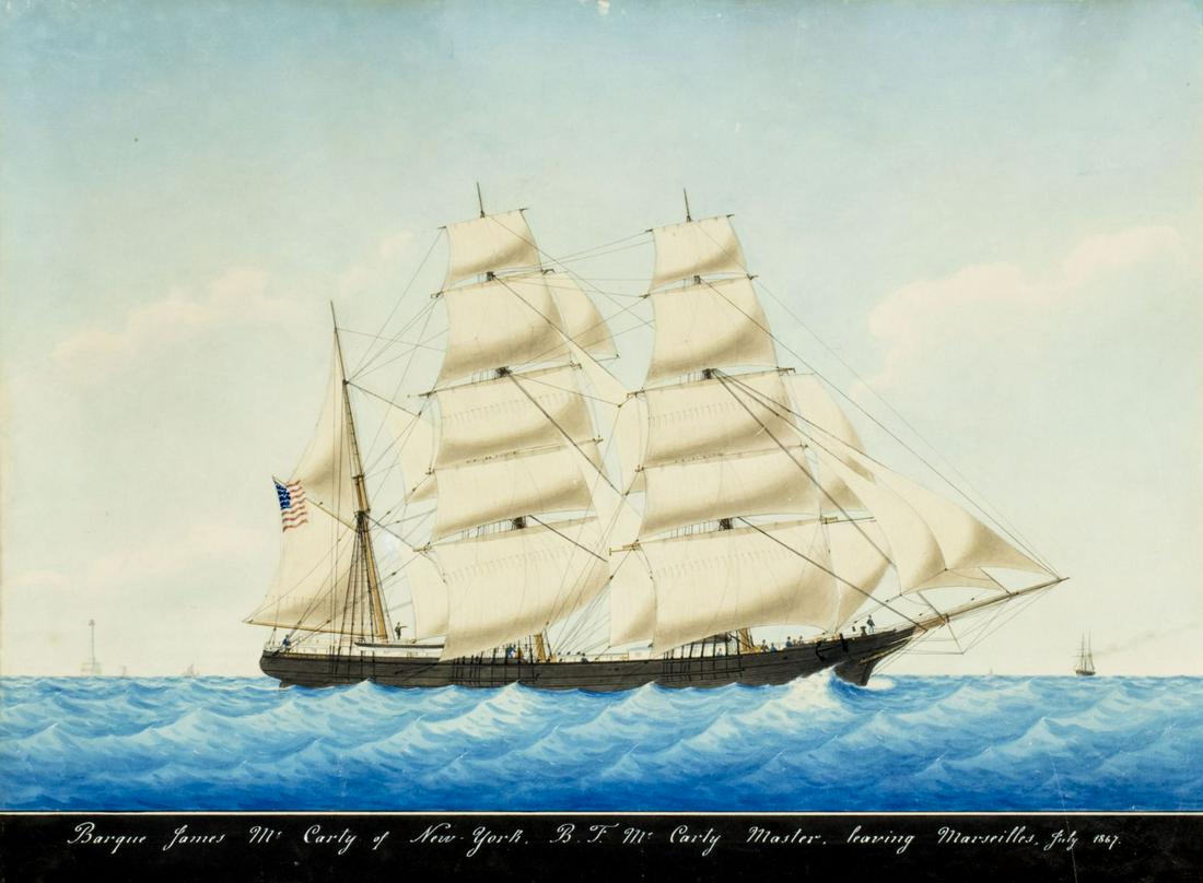 Honore Pellegrin (French,UK,US,1793-1869) watercolor: ARTIST: Honore Pellegrin (France, United Kingdom, United States, 1793 - 1869) NAME: Sail Ship - Barque James McCarty of New York, 1867 (titled on the bottom) MEDIUM: watercolor on paper CONDITION: Min