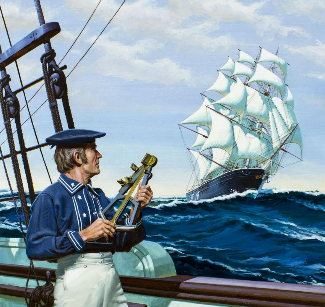 Edward Vebell (IL,1921-2018) gouache painting: ARTIST: Edward T Vebell (Illinois, 1921-2018) NAME: Flying Cloud Sailing Ship YEAR: 1980 MEDIUM: gouache on board CONDITION: Very good. Minor damages to edges of board. SIGHT SIZE: 20 x 21 inches / 50