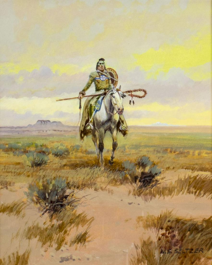 W Steve Seltzer (CA,MT,b 1955) gouache painting: ARTIST: William Steve Seltzer (California, Montana, born 1955) NAME: Indian Man on Horse MEDIUM: gouache on paper CONDITION: Excellent. Framed under glass. SIGHT SIZE: 10 x 9 inches / 25 x 22 cm FRAME