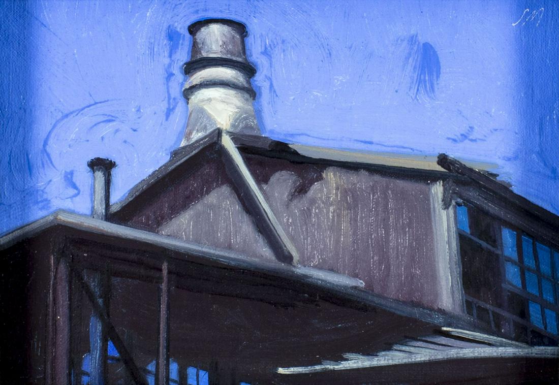 Stephen Magsig (MI,OH,b 1965) oil painting: ARTIST: Stephen Magsig (Michigan, Ohio, born circa 1965) NAME: Postcards from Detroit - Detroit Blues (titled on verso) MEDIUM: oil on board CONDITION: Excellent. No visible inpaint under UV light. SI