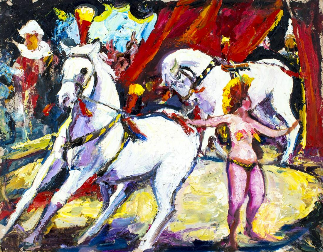 Nancy Whorf (MA,FL,1930-2009) oil painting: ARTIST: Nancy Whorf (Massachusetts, Florida, 1930 - 2009) NAME: Circus Horses MEDIUM: oil on board CONDITION: Very good. No visible inpaint under UV light. SIGHT SIZE: 24 x 31 inches / 60 x 78 cm FRAM