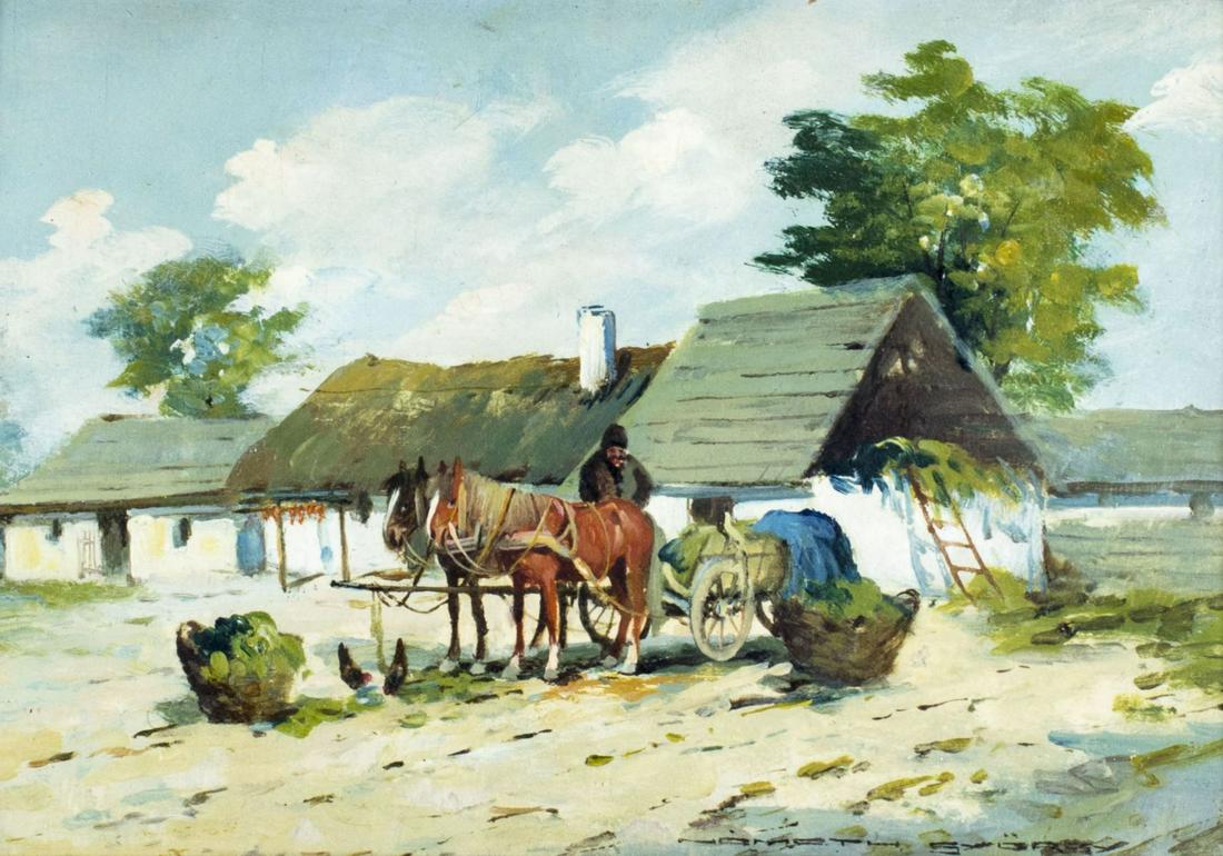 Nemethy Gyorgy (Hungary,1890-1962) oil painting: ARTIST: Nemethy Gutahazi Gyorgy (Hungarian, 1890 - 1962) NAME: Country Scene MEDIUM: oil on board CONDITION: Minor craquelure. No visible inpaint under UV light. Framed under the glass. SIGHT SIZE: 7 