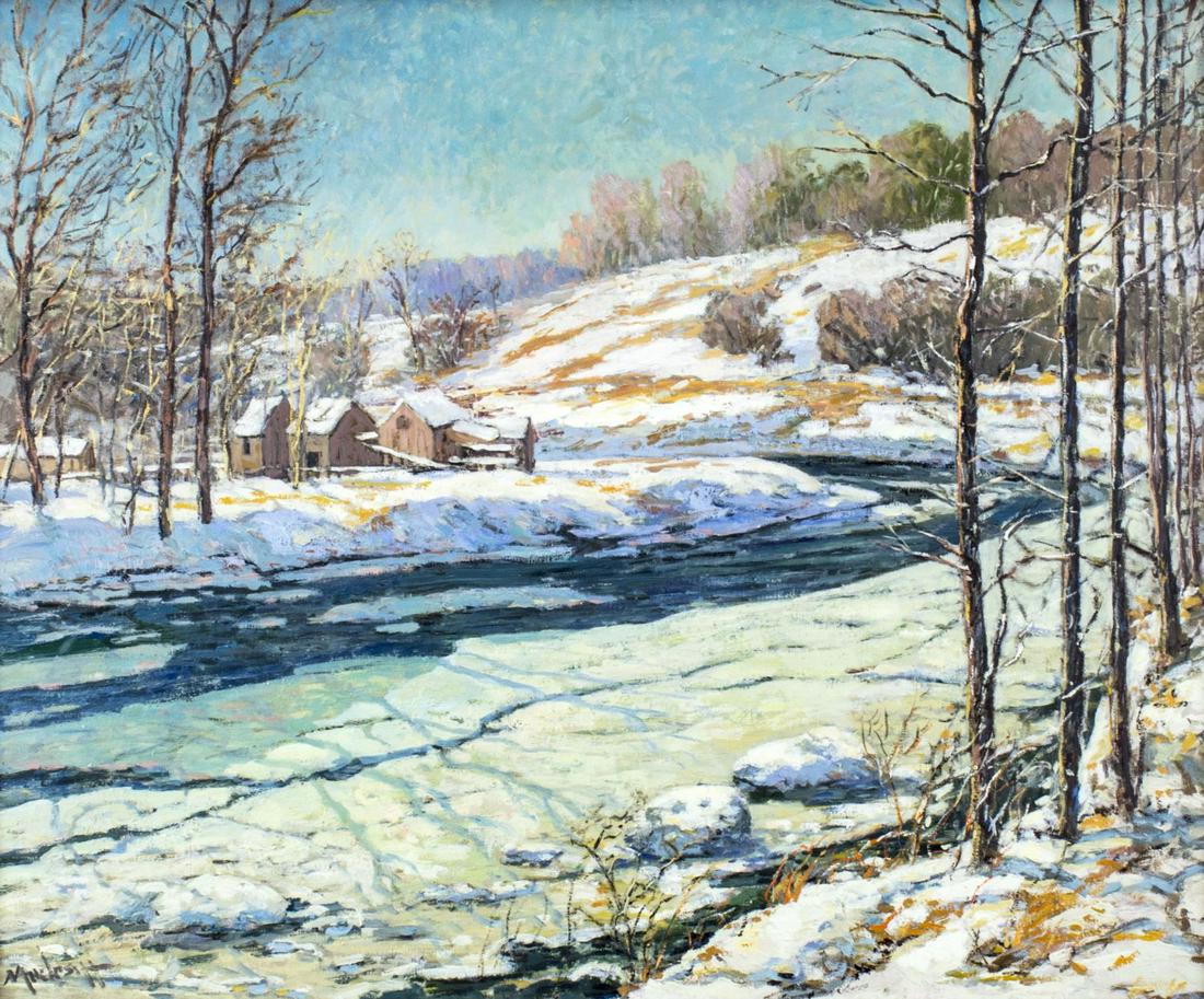 John Modesitt (CA,NY,NM,b 1955) oil painting: ARTIST: John Modesitt (California, New York, New Mexico, France, born 1955) NAME: Winter Country Landscape MEDIUM: oil on canvas CONDITION: Very good. No visible inpaint under UV light. SIGHT SIZE: 26