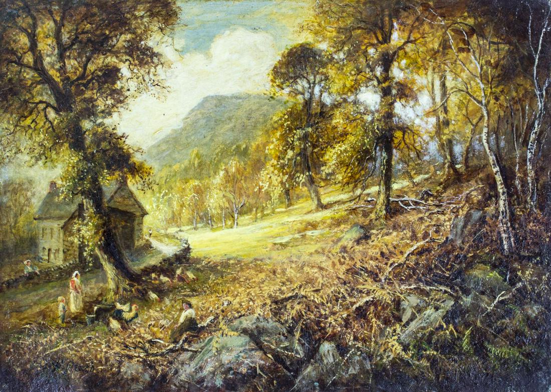 Henry Peach (UK,1894-1928) oil painting antique: ARTIST: Henry Peach (British, fl.1894 - 1928) NAME: Landscape MEDIUM: oil on canvas board CONDITION: Minor damages to corners. Lower left corner of the board is slightly bended. Minor craquelure. No v