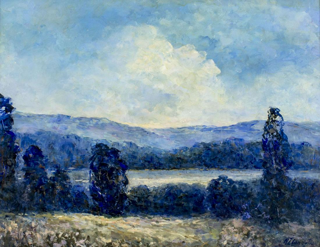 Nina Zbanduto (Russia,US,1894-1988) oil painting: ARTIST: Nina Zbanduto (Russian, American, 1894 - 1988) NAME: Evening Landscape MEDIUM: oil on board CONDITION: Very good. No visible inpaint under UV light. SIGHT SIZE: 14 x 18 inches / 35 x 45 cm FRA