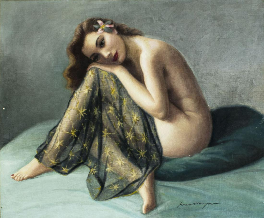 Joan Mayor (French,1890-1970) oil painting: ARTIST: Joan Mayor (France, c. 1890 - 1970) NAME: Nude MEDIUM: oil on canvas CONDITION: One small paint loss by the left edge. No visible inpaint under UV light. Wear to frame. SIGHT SIZE: 21 x 26 inc