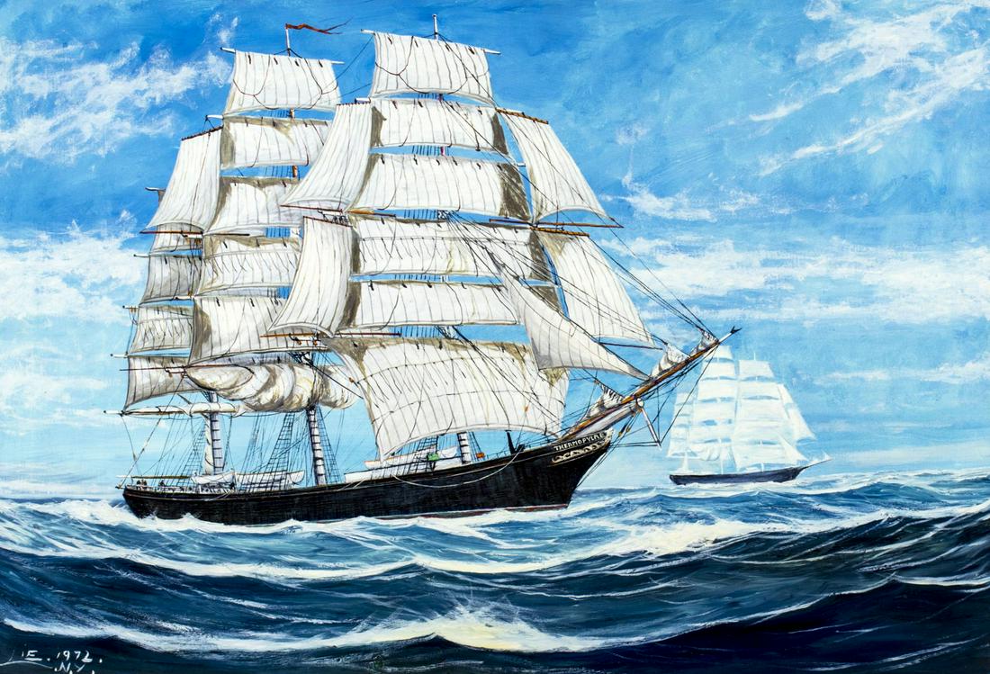 Robert Lee (NY,CA,1899-1980) oil painting: ARTIST: Robert Edmund Lee (New York, California, Norwegian, 1899 - 1980) NAME: Sail Ship YEAR: 1972 MEDIUM: oil on canvas CONDITION: Very good. No visible inpaint under UV light. SIGHT SIZE: 24 x 35 i