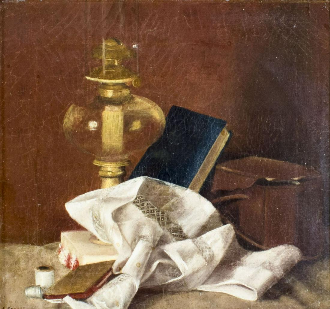 Nicholas Brooks (NY,1840-1904) oil painting antique: ARTIST: Nicholas Alden Brooks (New York, 1840 - 1904) NAME: Still Life with Oil Lamp, Book and Linen MEDIUM: oil on canvas CONDITION: Missing one flake of paint. Some craquelure. Minor inpainting alon