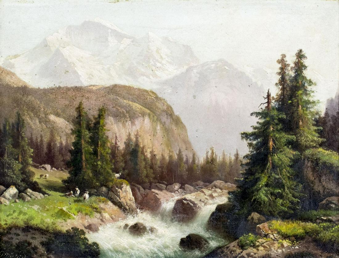 Gottlieb Dietrich (Swiss,1854-1926) oil painting antique: ARTIST: Gottlieb Dietrich (Switzerland, 1854 - 1926) NAME: Mountain River Landscape MEDIUM: oil on board CONDITION: Very good. No visible inpaint under UV light. Minor damages to frame. SIGHT SIZE: 9 