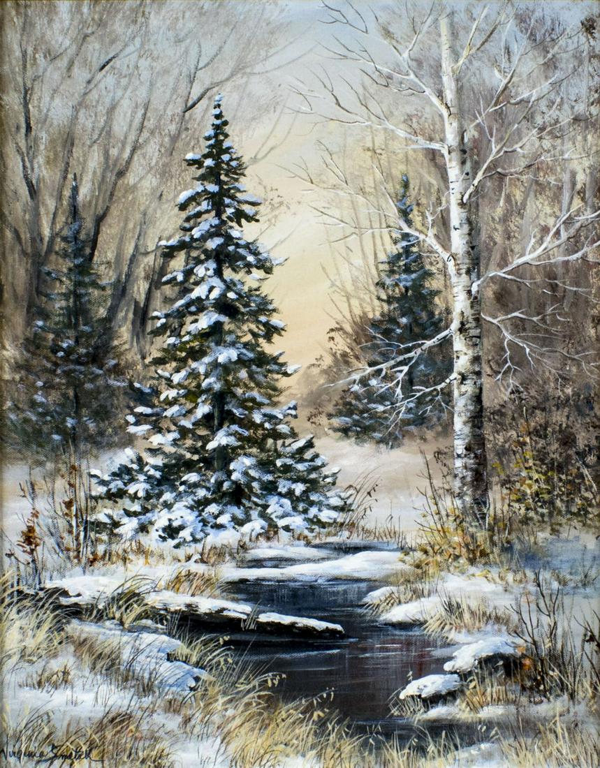 Virginia Smetak (WI,1922-2019) oil painting: ARTIST: Virginia M Smetak (Wisconsin, 1922 - 2019) NAME: Rural Wisconsin Winter Landscape (titled on verso) YEAR: 1980 MEDIUM: oil on canvas. Canvas applied to board. CONDITION: Very good. No visible 