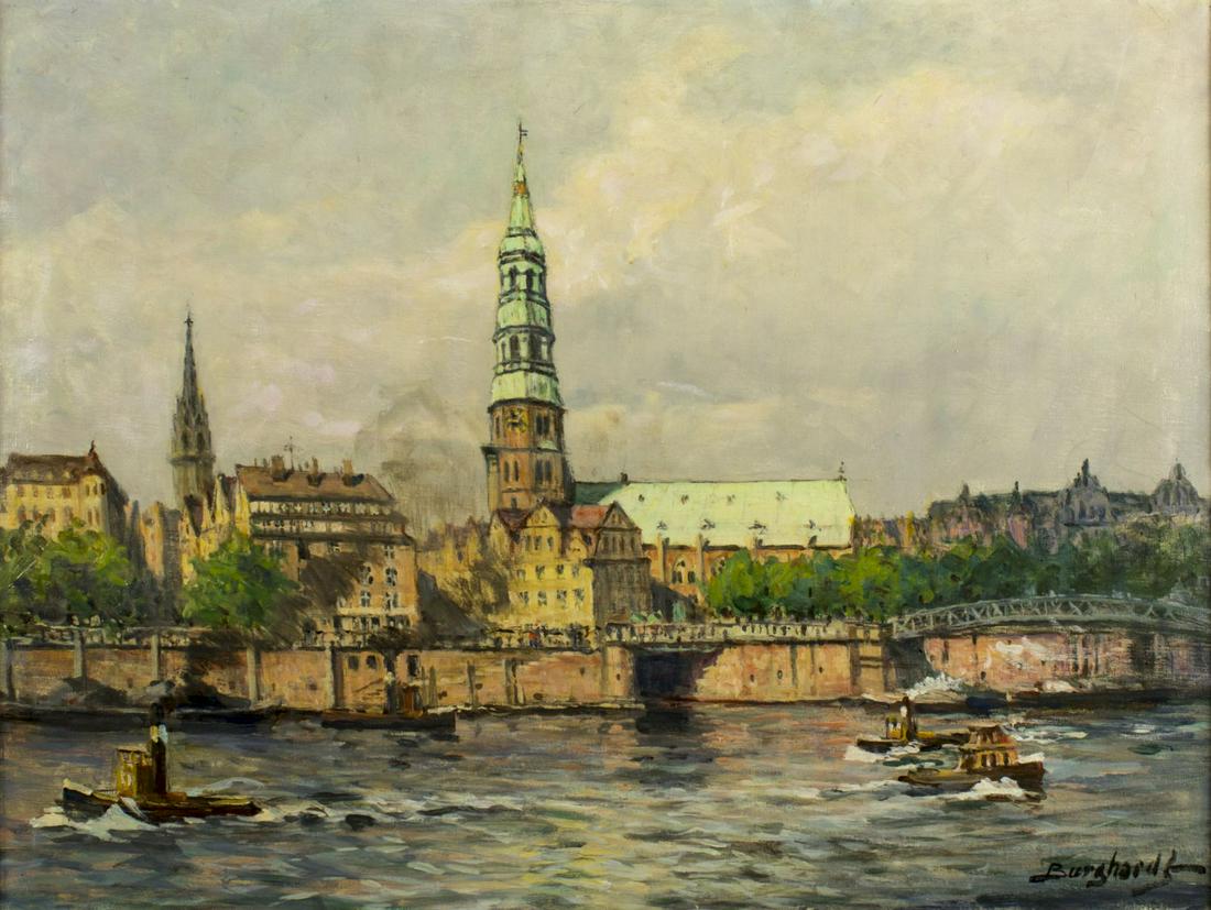 Gustav Burghardt (German,1890-1970) oil painting antique: ARTIST: Gustav Burghardt (Germany, 1890 - 1970) NAME: Hamburg Harbor MEDIUM: oil on canvas CONDITION: Very minor craquelure. Few minor scratches. No visible inpaint under UV light. SIGHT SIZE: 24 x 31