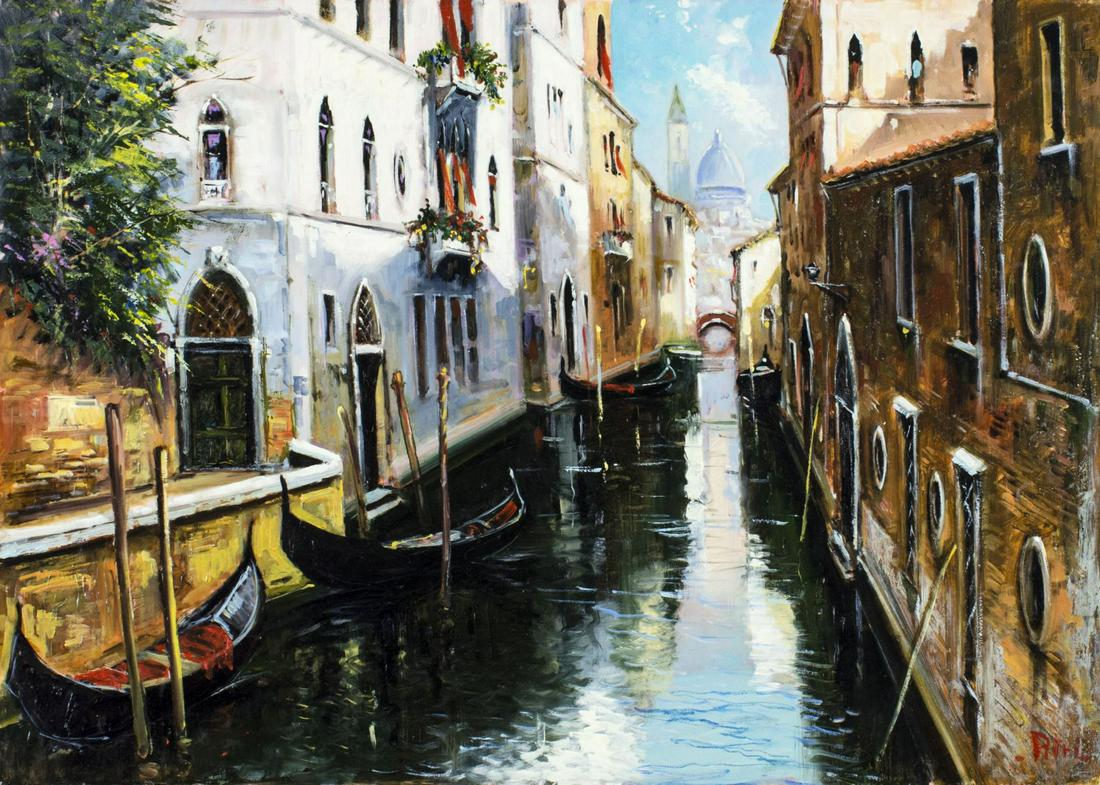 Stan Pitri (Italy,b 1953) oil painting: ARTIST: Stan Pitri (Italian, born 1953) NAME: Early Morning In Venice MEDIUM: oil on canvas CONDITION: Very good. Unstretched. No visible inpaint under UV light. SIGHT SIZE: 19 x 27 inches / 48 x 68 c