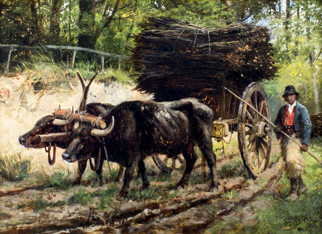 Richard Beavis (UK,1824-1896) oil painting antique: ARTIST: Richard Beavis (British, 1824 - 1896) NAME: Oxcart MEDIUM: oil on board CONDITION: Very good. No visible inpaint under UV light. Wear to frame. SIGHT SIZE: 10 x 14 inches / 25 x 35 cm FRAME SI