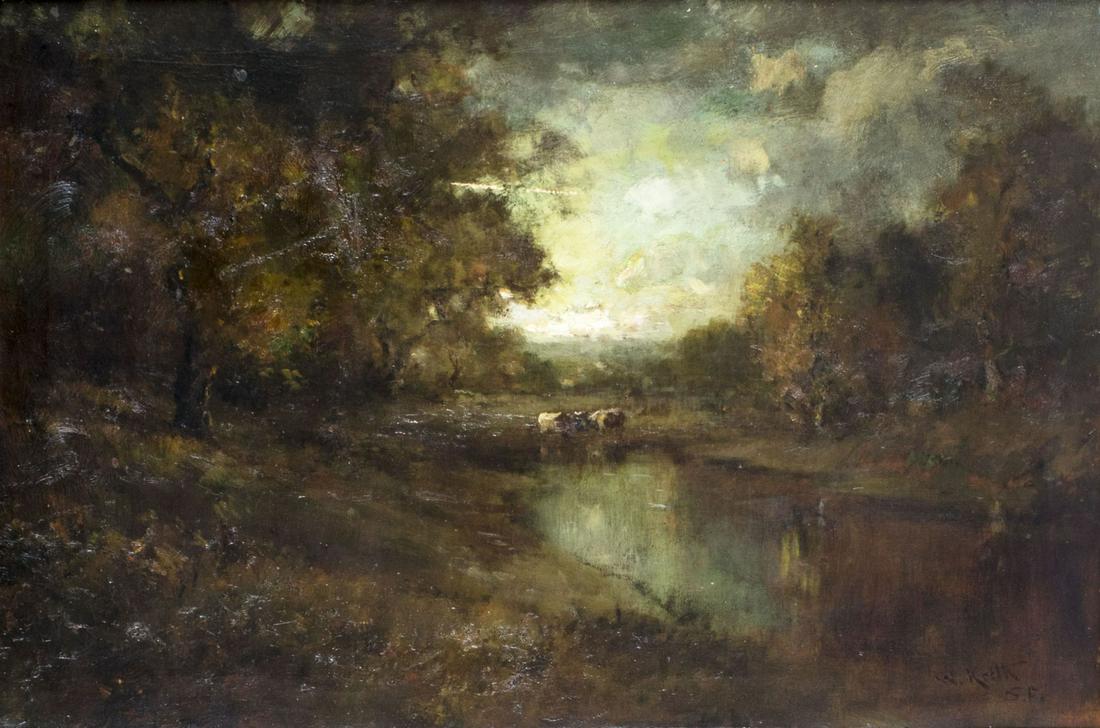 William Keith (CA,Scotland,1838-1911) oil painting antique: ARTIST: William Keith (California, Scottish, British, 1838 - 1911) NAME: Autumn Landscape MEDIUM: oil on canvas CONDITION: Repaired tear 2 1/2" long. One scratch 3 1/2" long. Some scattered inpainting