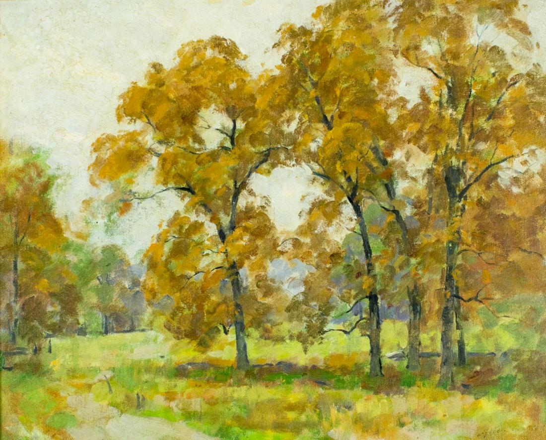 Allen Cochran (NY,OH,1888-1971) oil painting: ARTIST: Allen Dean Cochran (New York, Ohio, 1888 - 1971) NAME: Autumn Landscape - Hickories (titled on verso) MEDIUM: oil on canvas board CONDITION: Good. No visible inpaint under UV light. SIGHT SIZE