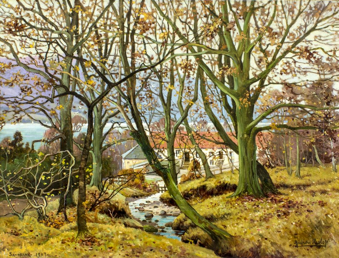Andrew Healey Hislop (UK,1887-1954) oil painting antique: ARTIST: Andrew Healey Hislop (British, 1887 - 1954) NAME: Autumn Landscape, Sandbank (titled lower left) YEAR: 1907 MEDIUM: oil on canvas CONDITION: Three patch repairs with minor corresponding inpain