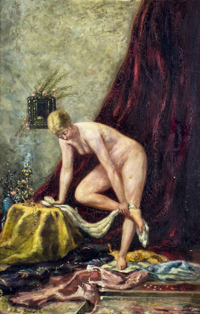 Arthur Beckwith (NY,CA,UK,1860-1930) oil painting antique: ARTIST: Arthur Beckwith (New York, California, France, English, 1860 - 1930) NAME: Nude YEAR: 1880s MEDIUM: oil on canvas CONDITION: One patch. One puncture. One repaired tear by bottom edge. Some pai