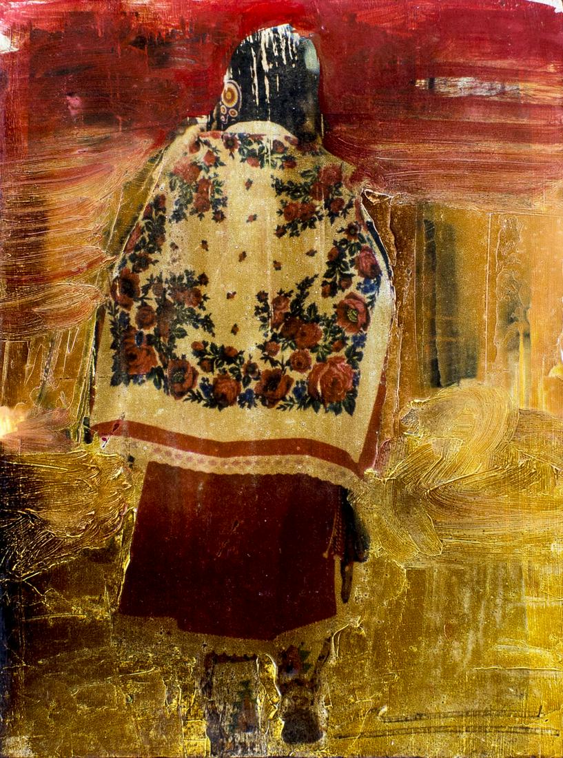 Mateo Romero (NM,CA,b 1966) acrylic painting: ARTIST: Mateo Romero (New Mexico, California, born 1966) NAME: Indian Shawl MEDIUM: acrylic over collage on board CONDITION: Very good. No visible inpaint under UV light. SIGHT SIZE: 16 x 12 inches / 