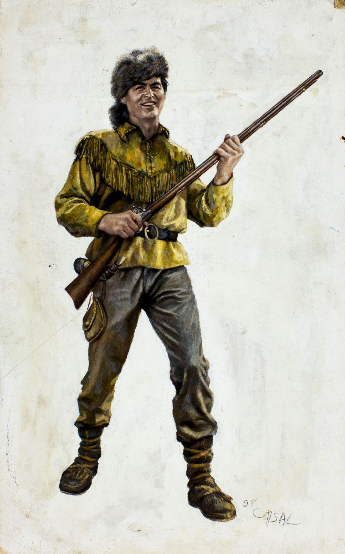 Casal (US,mid 20C) oil painting: ARTIST: Casal (American, mid 20 century) NAME: Portrait of Daniel Boone YEAR: 1958 MEDIUM: gouache on board CONDITION: Minor damages to corners. One scratch. SIGHT SIZE: 16 x 10 inches / 40 x 25 cm FR
