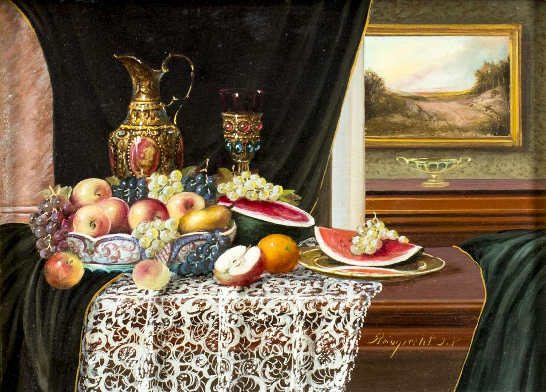 Johan K Reinprecht (Hungary,1903-?) oil painting: ARTIST: Johan K Reinprecht (Hungarian, 1903 - ???) NAME: Still Life MEDIUM: oil on board CONDITION: Very good. No visible inpaint under UV light. SIGHT SIZE: 7 x 10 inches / 17 x 25 cm FRAME SIZE: 13 