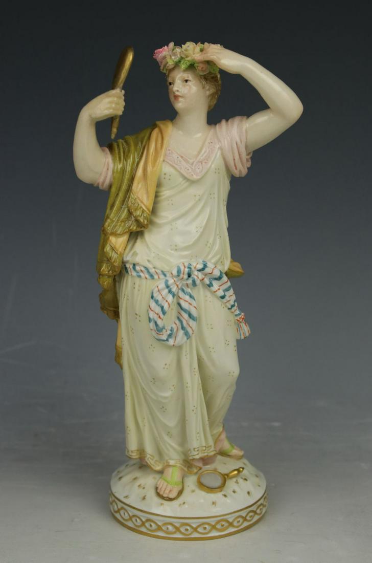 KPM Berlin Figurine "Woman with Mirror": MANUFACTURE: KPM Berlin (GERMANY) NAME: Woman with Mirror SCULPTOR: - NUMBER: 1115 CONDITION: Mirror was restored. Minor damages of flowers. HEIGHT: 7 inch / 18 cm WIDTH: 3 inch / 8 cm DEEP: 2 1/2 inc