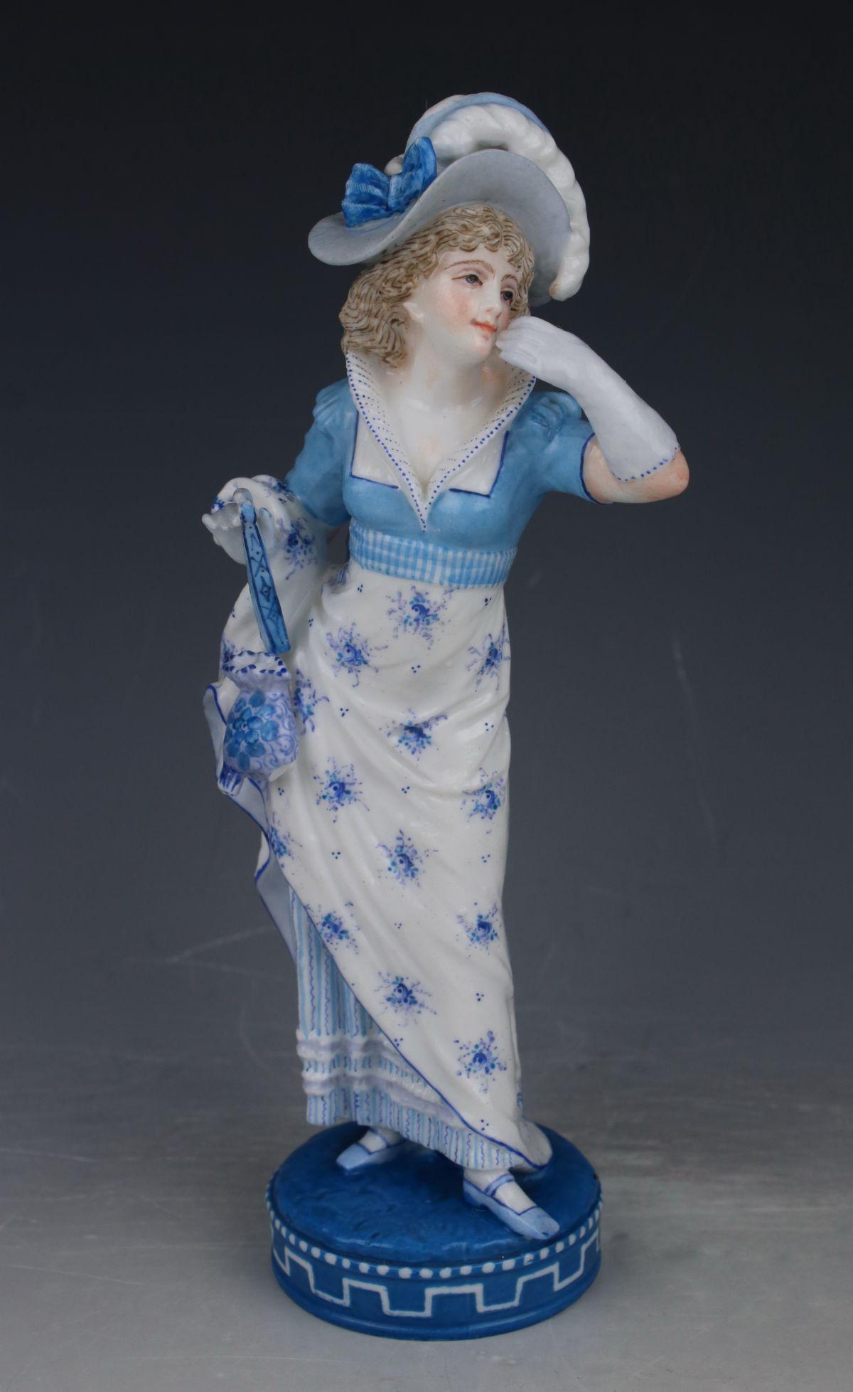 19C Vion & Baury figurine "Lady with Purse": MANUFACTURE: Vion & Baury (FRANCE) NAME: Lady with Purse YEAR: 1875 - 1889 CONDITION: One finger and edge of hat were restored. Few minor chips (tip of foot, purse) HEIGHT: 7 inch / 18 cm WIDTH: 3 inc