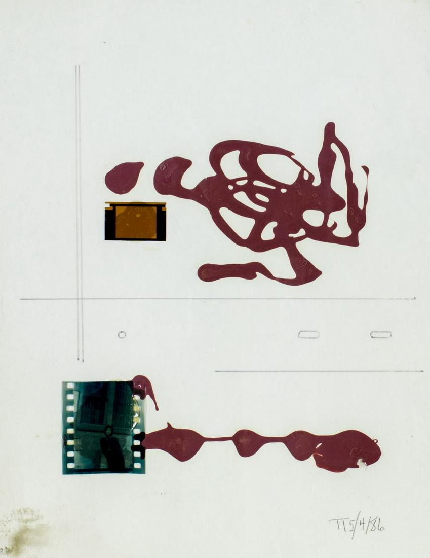 Ernest Trova (MO,1927-2009) mixed media painting: ARTIST: Ernest Tino Trova (Missouri, 1927 - 2009) NAME: Abstract Composition YEAR: 1986 MEDIUM: mixed media on paper CONDITION: Missing one flake of paint. Framed under glass. SIGHT SIZE: 10 x 8 inche