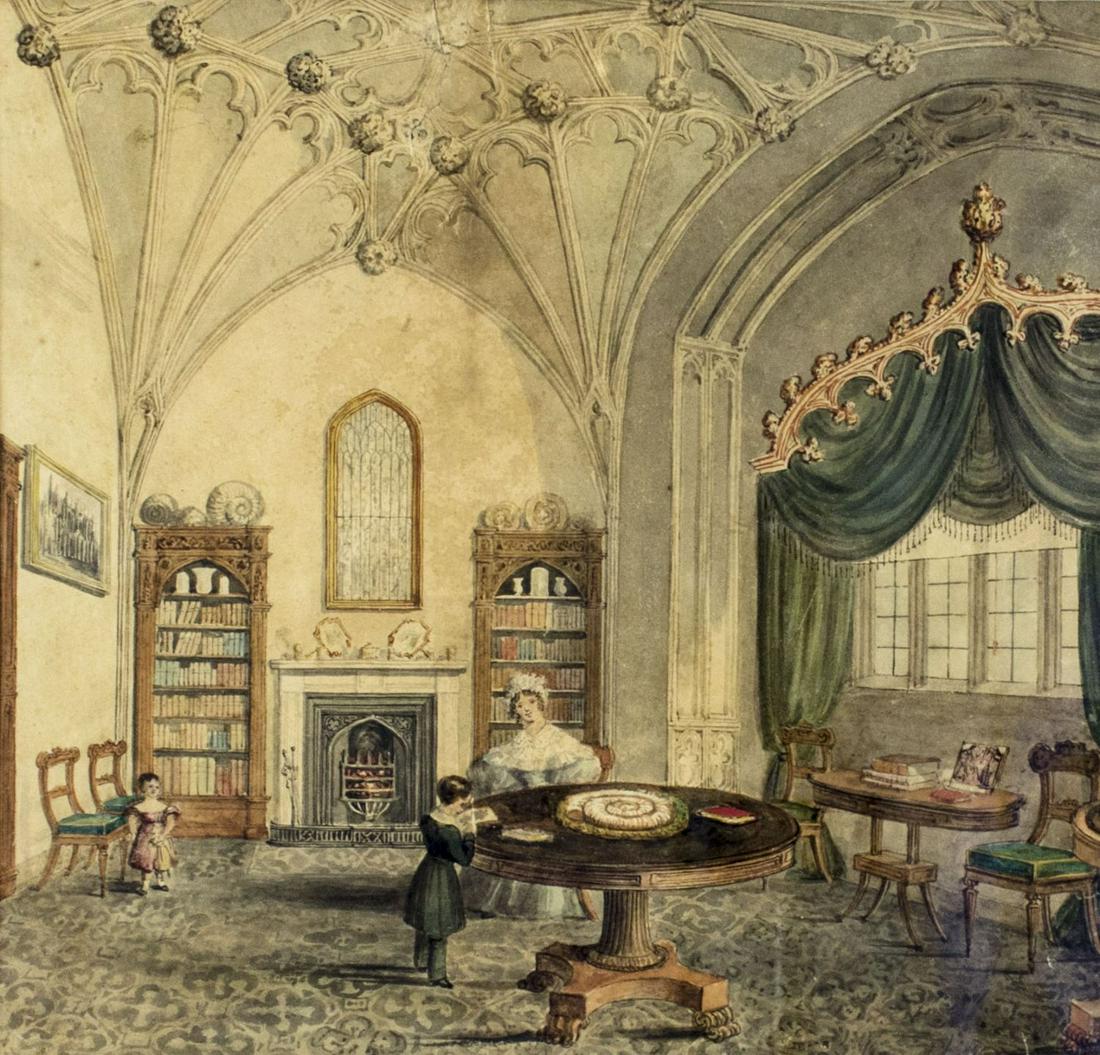 Antique 19C British watercolor painting: ARTIST: - (United Kingdom, 19 century) NAME: Interior Scene MEDIUM: watercolor on paper CONDITION: Some age toning. Framed under glass. SIGHT SIZE: 10 x 10 inches / 25 x 25 cm FRAME SIZE: 18 x 17 inch