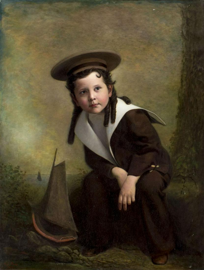 Albert Purdy (NY,1835-1909) oil painting antique: ARTIST: Albert J Purdy (New York, 1835 - 1909) NAME: The Little Sailor YEAR: 1899 MEDIUM: oil on canvas board CONDITION: Few minor scrathes/paint losses. Minor stable craquelure. No visible inpaint un